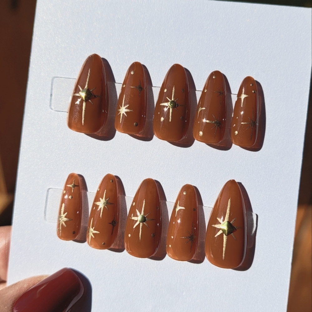 Fall Rusty Orange Gold Star Set of 10 Hand Painted Press On Nails Salon …